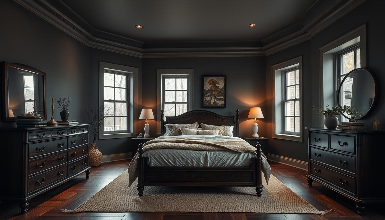 ciemne meble w sypialni jaki kolor scian